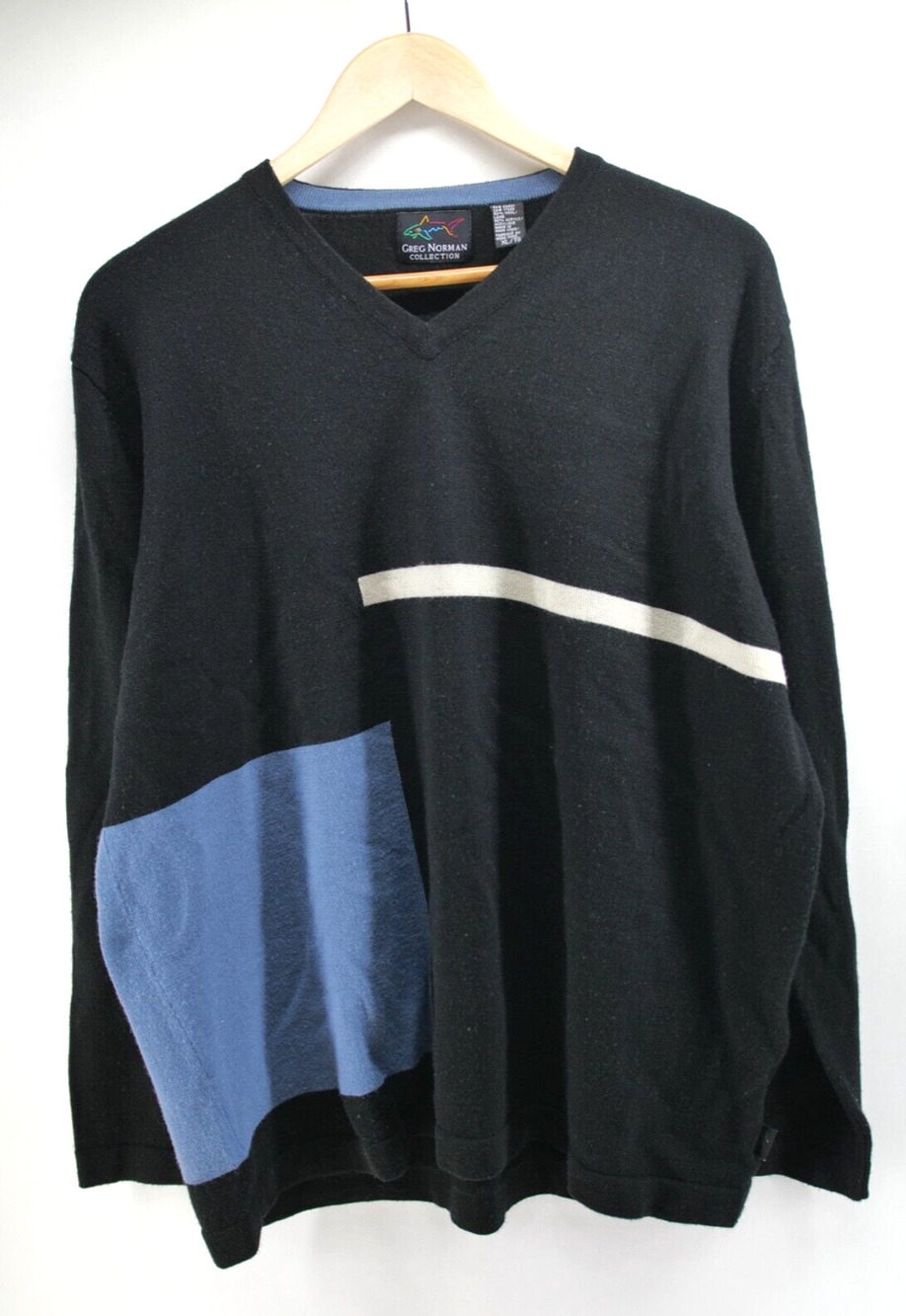 Greg Norman Mens V Neck Sweater Size XL Wool Blend Black Color Block